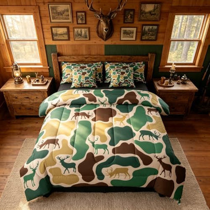 Erosebridal Deer Hunting Camo Bedding Set Twin Forset Wildlife Camouflage Comforter Set 7 Piece Beige Brown Green Camo Bed in A Bag for Kids Farmhouse Animal Quilt with Flat Fitted Sheet