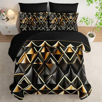 7 Piece Black and Gold Queen Comforter Set Geometric Pattern，Queen Quilt Bedding Set Checkered，(1 Comforter, 1 Flat Sheet, 1 Fitted Sheet, 2 Pillowcase and 2 Pillow Sham)