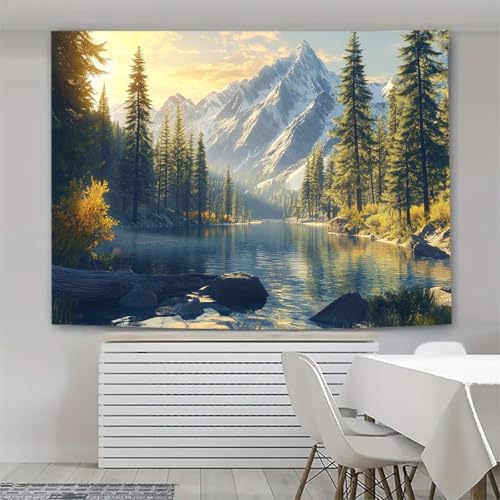 FENDROM Tranquility Lake Snow Mountain Scenery Tapestry Wall Hanging, Nature Forest Plant Trees Pictures Art Wall Tapestries Blanket for Bedroom Living Room Dorm Decor