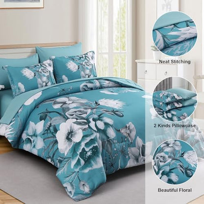 Luxudecor Floral Comforter Set Queen Size 7 Piece, Teal Blue Flower Bed in a Bag, Elegant Comforter Bedding Set for All Season (Teal Blue, 90"x90")