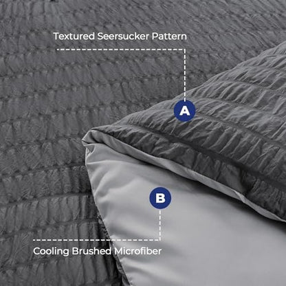 HYMOKEGE Dark Grey/Light Grey Queen Comforter Set Seersucker 7 Pieces, All Season Luxury Bed in a Bag Queen for Bedroom, Bedding Set with Comforter, Sheets, Pillowcases & Shams