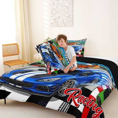 Feelyou Boys Race Car Kids Comforter Set King Size Sports Racing Car Bedding Set Extreme Sports Duvet Quilt for Kids Boys Girls Bedroom Automobile Decor Microfiber Ultra Soft Breathable