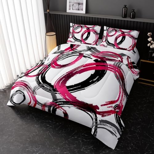 Nttopship Geometric Circle Comforter Set Pink Grey Black Geometric Bedding Set for Boys Girls Teens Retro Circle Swirls Bedding Set Bedroom Decor Modern Abstract Art Duvet Set Room Decor King Size