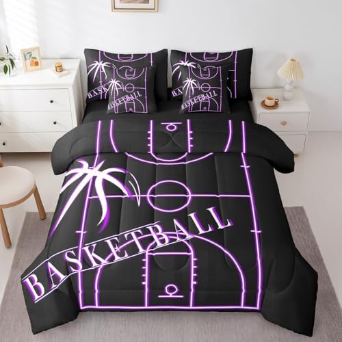 Teens Basketball Bedding King Size 7Pcs for Boys Sports Comforter Set, Black Purple Basketball Court Bedding Comforter Sets Ball Gaming Bed in a Bag, Sport Gamer Bedding Accessories (Black Reversible)