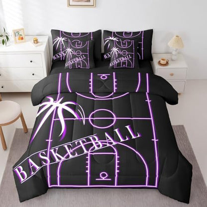 Teens Basketball Bedding Comforter Sets 7pcs for Boys Sports Bed in a Bag, Black Purple Basketball Court Full Bedding Sets Ball Gaming Comforter Set, Sport Gamer Bedding Sets & Collections