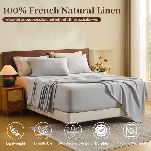 MEISHANG 100% French Linen Sheets California King,6 Pcs,18-24" Deep Pocket