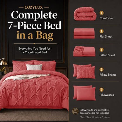 CozyLux Queen Comforter Set Coral, 7 Pieces Pintuck Bed in a Bag