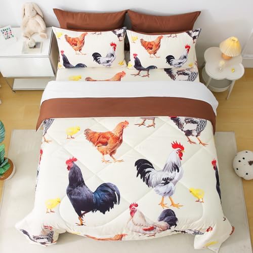 Wajade Chicken Comforter Set 7 Pcs Animal Theme Bedding Set Full Size for Kids Adults Chicken Quilt Farm Theme Printed Pattern for Thanksgiving Birthday