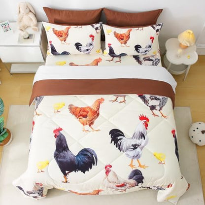 Wajade Chicken Comforter Set 7 Pcs Animal Theme Bedding Set Full Size for Kids Adults Chicken Quilt Farm Theme Printed Pattern for Thanksgiving Birthday