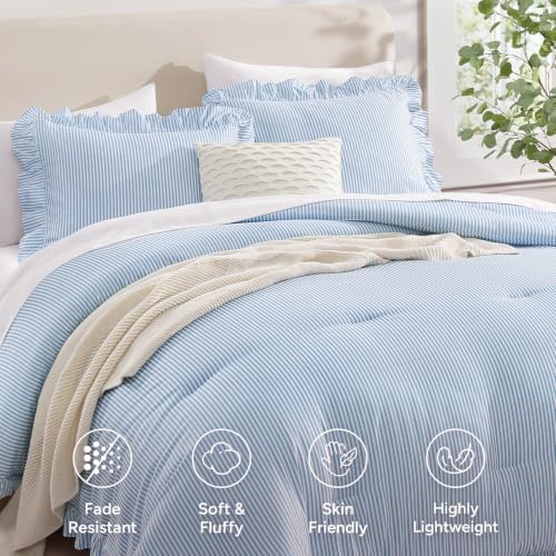 Andency Blue Striped Queen Ruffle Comforter Set, 3 Pieces