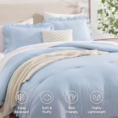 Andency Blue Striped Queen Ruffle Comforter Set, 3 Pieces
