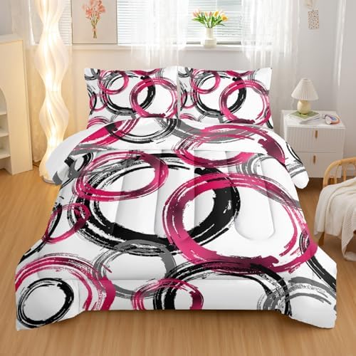 Nttopship Geometric Circle Comforter Set Pink Grey Black Geometric Bedding Set for Boys Girls Teens Retro Circle Swirls Bedding Set Bedroom Decor Modern Abstract Art Duvet Set Room Decor King Size