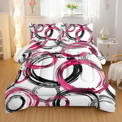 Nttopship Geometric Circle Comforter Set Pink Grey Black Geometric Bedding Set for Boys Girls Teens Retro Circle Swirls Bedding Set Bedroom Decor Modern Abstract Art Duvet Set Room Decor King Size