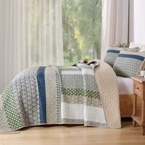 WONGS BEDDING King Quilt Set Khaki Green, 3 Pieces Striped Bedspread