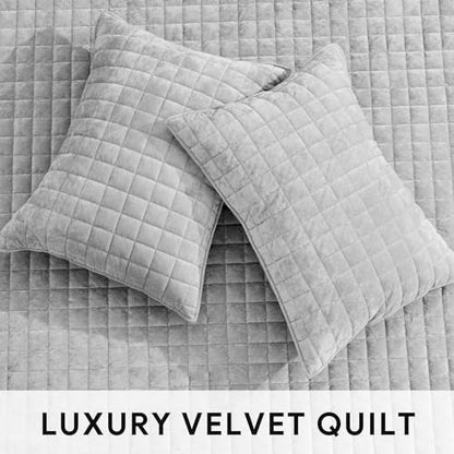 RECYCO Channel Box Stitch Velvet Quilt Set, Twin/Twin XL Size, Frost Gray