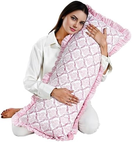 CPC Block Print Blush Rose Ruffle Cotton Lumbar Pillow Cover 14x36 inch