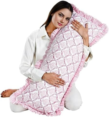 CPC Block Print Blush Rose Ruffle Cotton Lumbar Pillow Cover 14x36 inch