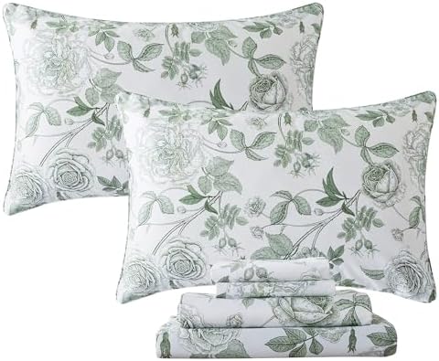 FADFAY Sheets Set Twin Vintage White and Green Floral Bedding Elegant Peony Sheets Set Shabby Rose Farmhouse Bedding 100% Egyptian Cotton 800 Thread Count Deep Pocket Fitted Sheet 4Pcs, Twin Size