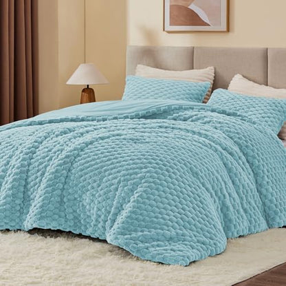 BEDELITE Fluffy Queen Comforter Set, Dusty Blue Fleece Bed Set 3 Pieces