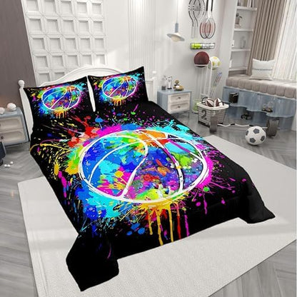 Basketball Comforter Set Twin Size,Watercolor Tie-dye Duvet Insert for Kid Teen Boys Girls Room Decor,Color Graffiti Hip Hop Style Quilted Duvet,Cartoon Sport Gaming Quilt Cover with 1 Pillowcase