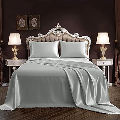 SiinvdaBZX 4Pcs Satin Sheet Set Full Size 15-Inch Deep Pocket, Light Grey