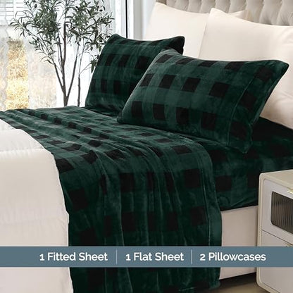 Elegant Comfort Luxuriously Soft 4-Piece Velvet Plush Flannel Sheet Set - Premium Quality -Cozy Warm, Anti-Static, Non Pilling Fuzzy Velvet Flannel Fleece Deep Pocket Sheet Set- King, Buffalo Green