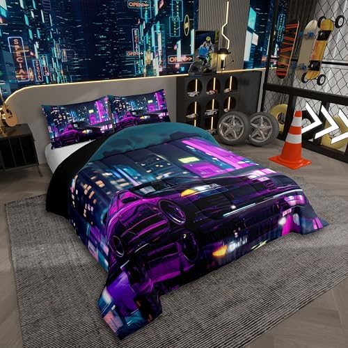 Erosebridal Neon Purple Car Comforter King Size for Kids Teens Adults,Cool Race Car Bedding Set,Extreme Sports Gaming Duvet Insert,City Night Scene Quilt Bedroom Decor