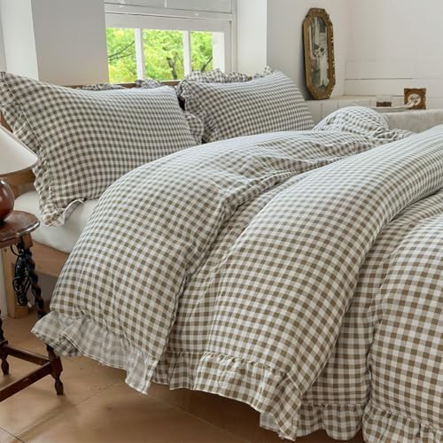 NSNLGSGC Tan Gingham Ruffle Twin Duvet Cover