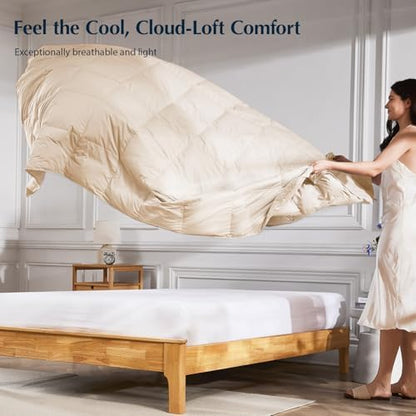 Pacific Coast Lightweight Goose Feather Down Fiber Comforters Queen Size, Summer Duvet Insert, Ultra Soft, Breathable, Hotel Luxury Bedding Comforter with 8 Tabs, Beige, 90 x 90 inches