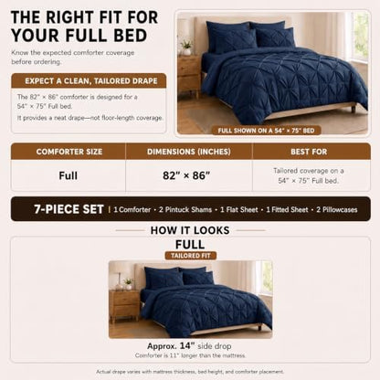 HIMEET Full Size Comforter Set Navy Blue - 7 Pieces Pintuck Bed in a Bag