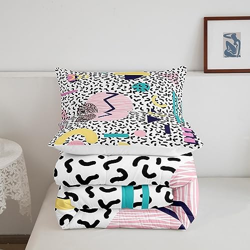 Manfei Memphis Comforter Set King Size, Vintage Hip Hop Quilt Set with 2 Pillowcases, Retro 80s or 90s Geometric Fashion Style Bedding Set 3pcs for Kids Boy Girls Lightweight Duvet Insert