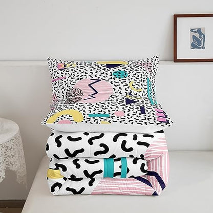 Manfei Memphis Comforter Set Full Size, Vintage Hip Hop Quilt Set with 2 Pillowcases, Retro 80s or 90s Geometric Fashion Style Bedding Set 3pcs for Kids Boy Girls Lightweight Duvet Insert