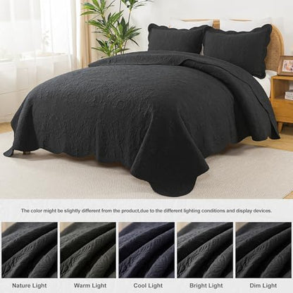 HoneiLife Queen Quilt Bedding Set - Microfiber Quilt Sets for Queen Bed, 3-Piece Lightweight Bedspreads,Reversible Coverlets Rustic Bedlinen Sets, Floral Bedding Set All Season Quilts-Black