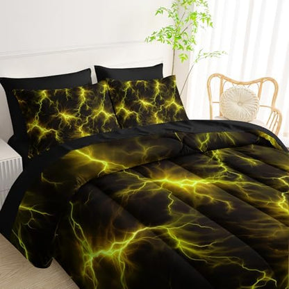 QOOMO Yellow Lightning 7 Pieces Comforter Set Queen,Neon Bedding Set
