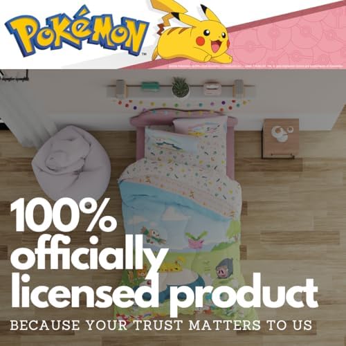 Pokemon Bedding Super Soft Comforter and Sheet Set with Sham, 5 Piece Full Size, Featuring Snorlax, Pikachu, Eevee & Jigglypuff (Officially Licensed Product) by Franco