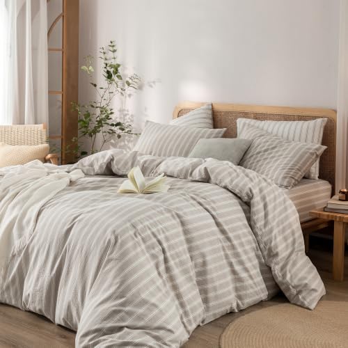 BESTOUCH Striped Cotton Duvet Cover Set Linen Feel Super King