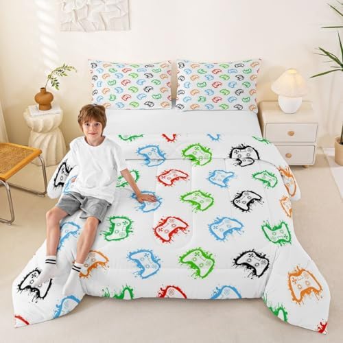 Castle Fairy Gaming Bed Comforter Set Queen Size,Modern Gamepad Super Soft Microfiber Bedding Set for Adults Teens,Colorful Graffiti Comforter Set,2 Pillowcases