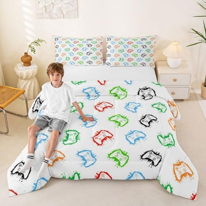 Castle Fairy Gaming Comforter Set King Size,Colorful Graffiti Down Alternative Adults Bedroom Decor,Modern Gamepad Ultra Soft Microfiber Inner Fill 3Pcs Bedding