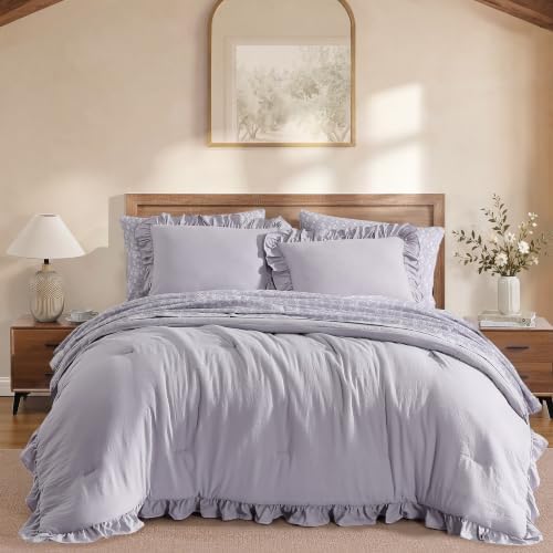 BLOOMHAVEN Queen Comforter Set-7 Pieces Ruffle Bedding with Floral Sheet
