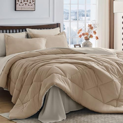 HEVUMYI 7-Piece Full Comforter Set, Khaki & Linen Bed in a Bag