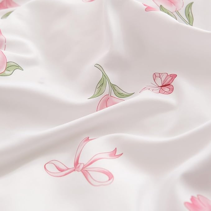 Floral Comforter Set Queen Size - 3 Pieces Pink White Floral Tulips Bow Comforter Bedding Sets Reversible Pattern,Queen Bed in a Bag with Flowers Comforter and 2 Pillowcases