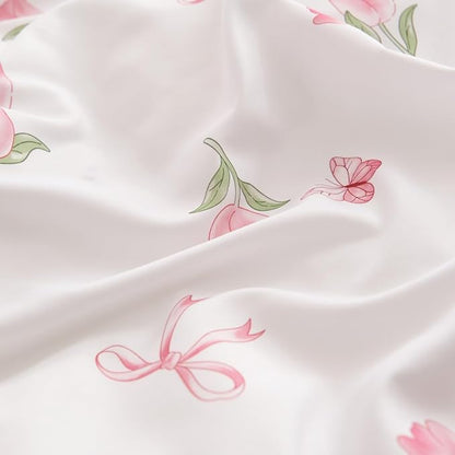 Floral Comforter Set Queen Size - 3 Pieces Pink White Floral Tulips Bow Comforter Bedding Sets Reversible Pattern,Queen Bed in a Bag with Flowers Comforter and 2 Pillowcases