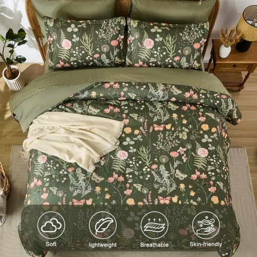 Yiran Queen Comforter Set Olive Green, Floral Bedding Set 7 Piece Bed in a Bag with Botanical Flowers Summer Soft Lightweight Complete Comforters with Sheets for All Season