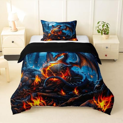 Feelyou Blue Black Dragon Bedding Set Soft for Boys Girls, Wild Animal Comforter Set Twin Size Mysterious Dragon Egg Duvet Quilt Microfiber Gothic Magic Bedroom Decor 2 Pcs with 1 Pillow Cases