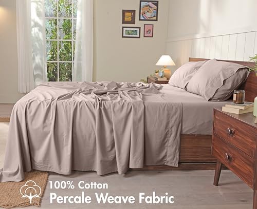 RUVANTI 100% Cotton Twin XL Sheets, Percale Weave Twin XL Set, Warm Mocha