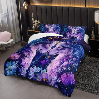 Purple Wolf Bedding Comforter Set Full Size，Dreamcatcher Flower Quilt Bedding Set Full，with 1 Comforter with 2 Pillow Case，Wolf Bedroom Decor for Kids Girls Boy