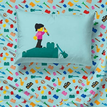 Jay Franco Kids Sheet Set with Fitted, Flat Sheets & Pillow Cover - Ultra-Soft Bedding with Pillowcase for Room Decor, Teal - LEGO®, 3 Piece Twin