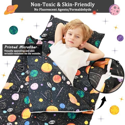 Toddler Nap Mat for Preschool 50''x30'' Sleeping Mat with Removable Pillow and Minky Blanket for Kids Ages 3-7 Roll Up Soft Sleeping Bag for Boys Girls Kindergarten Daycare Sleepover