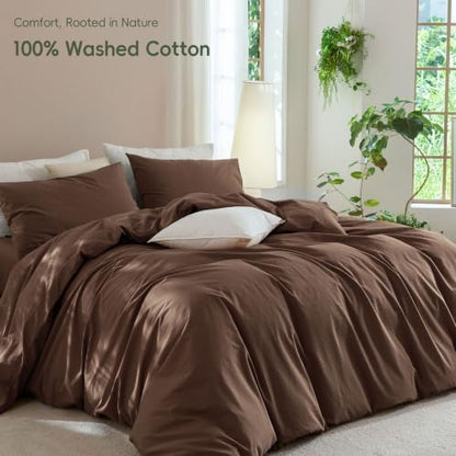 JIYUAN Full Washed Cotton Duvet Cover Set, 3-Piece, Relaxed Linen Feel