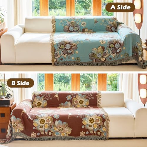 VANJOROY Boho Throw Blanket 80" x 90", 100% Organic Cotton Breathable Skin-Friendly Ultra Soft Bed Quilt Blue Throw - Floral Rustic Decor Luxury Reversible Blanket for Sofa Couch Chair and Gift,